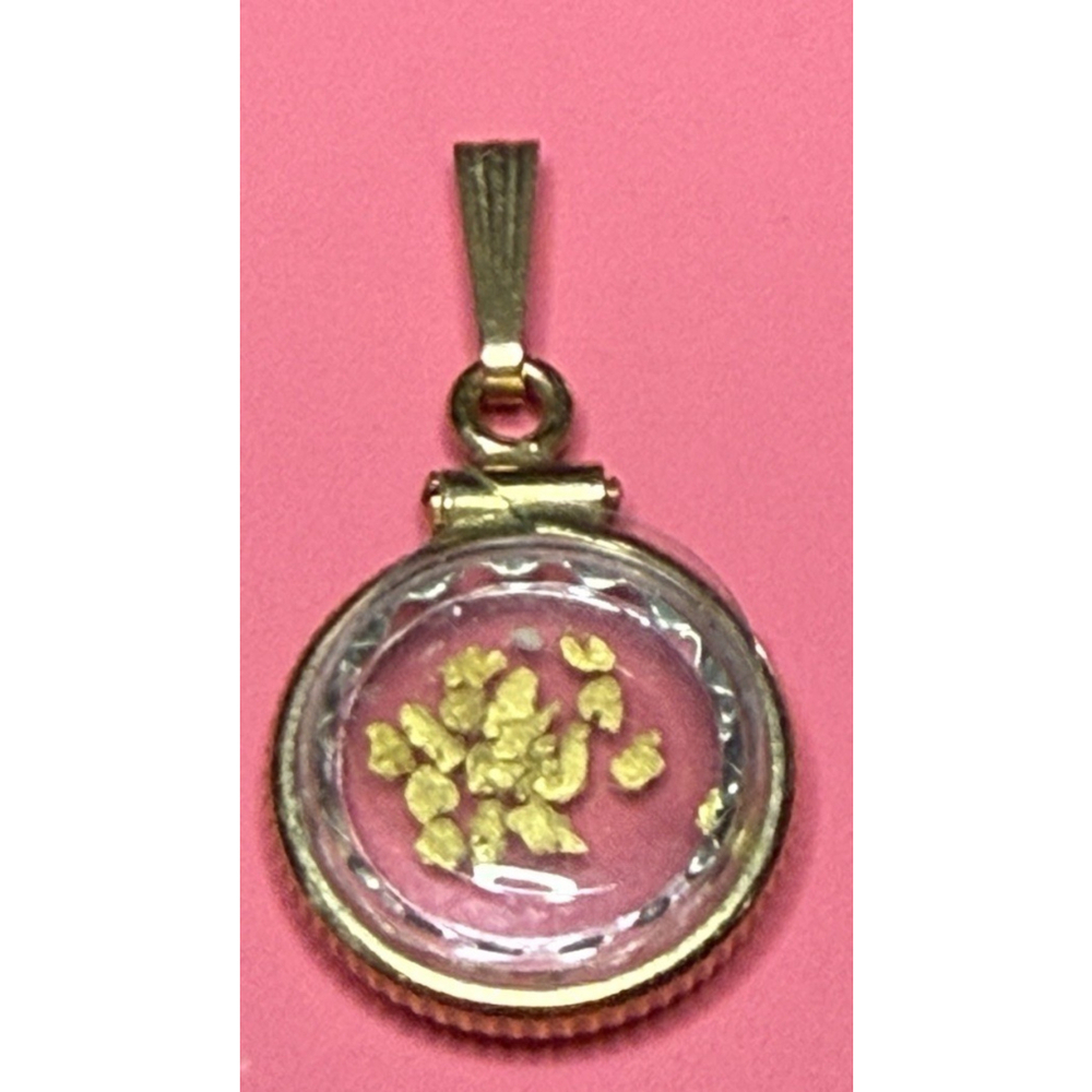 14k Yellow GF Round Glass Pendant with Natural Gold Nugget Charm